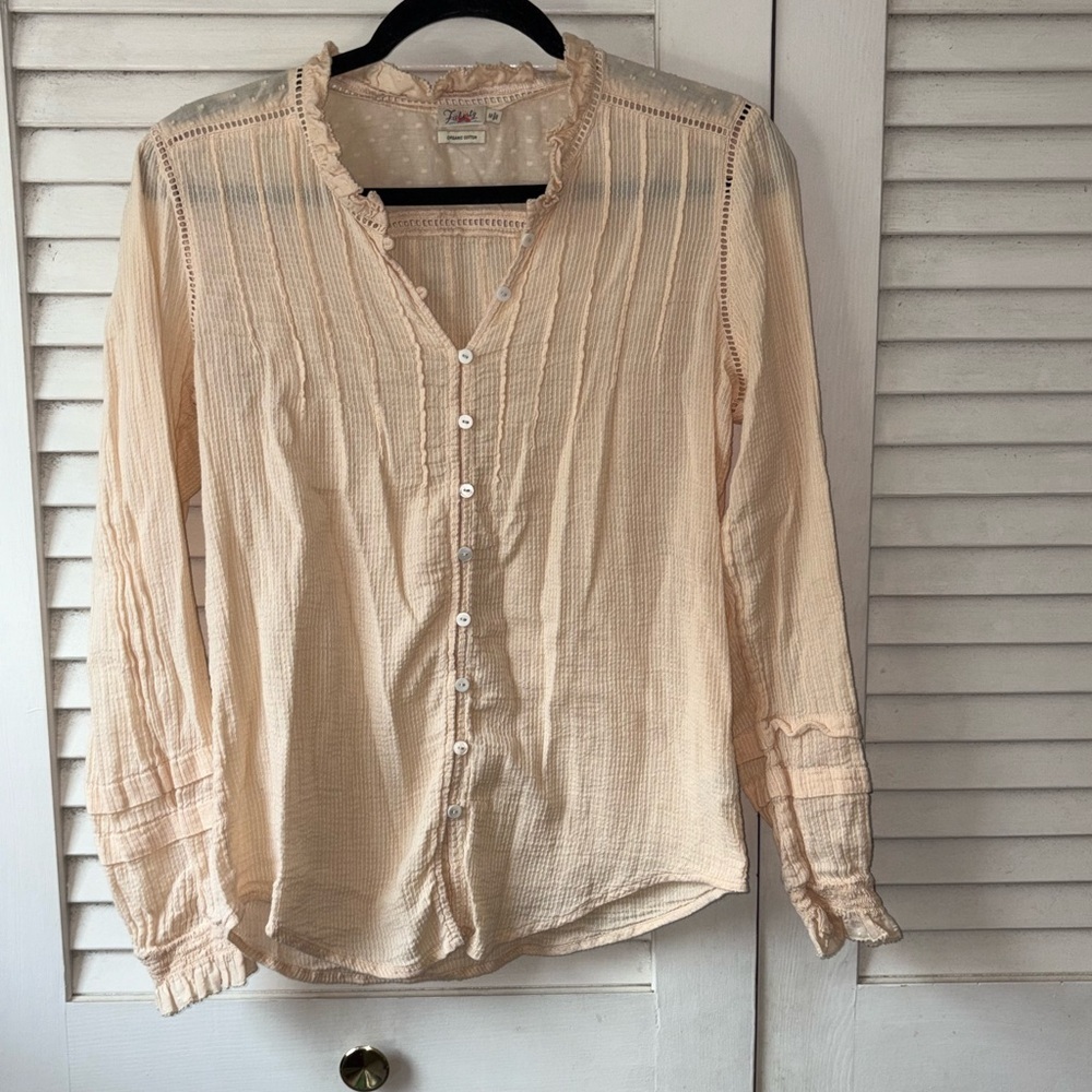 Faherty Womens Medium Willa Organic Cotton Pintuck Button Down Blouse Peach Boho - Picture 2 of 4